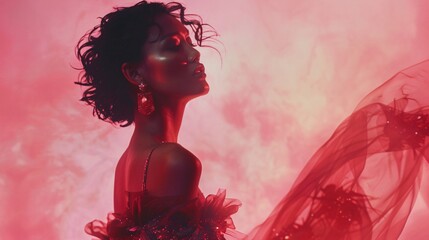 A female actor in a glamorous dress strikes a dramatic pose, her face conveying a mix of sadness and defiance, against a soft pink background.