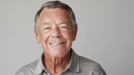 An older male actor with laugh lines around his eyes smiles warmly at the camera, radiating charisma and experience against a light gray background.