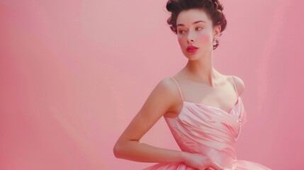 A female actor in a glamorous dress strikes a dramatic pose, her face conveying a mix of sadness and defiance, against a soft pink background.
