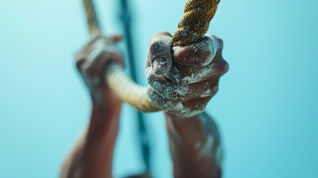 Close-up on chalked hands gripping a trapeze bar, an acrobat prepares for a daring routine, focus and determination against a soft blue background.