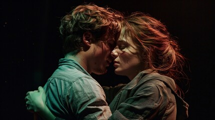 Two actors, a man and a woman, embrace tightly in a moment of intense emotion, their faces illuminated by soft stage lighting against a dark background.