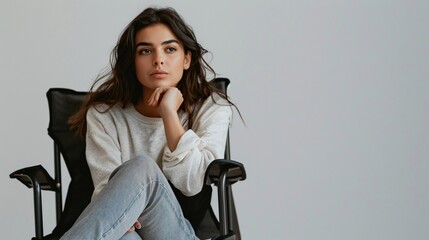 Fototapeta premium Sitting in a director's chair, a focused female actor in everyday clothing reviews her lines, highlighting the dedication required for her craft, against a white background.
