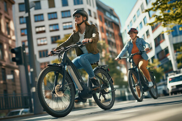 Women riding electric bicycles in the city, enjoying a sunny day, wearing casual clothing and helmets, urban background