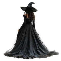 Naklejka premium back view portrait of woman wearing gothic black Halloween witch costume ,PNG cut out isolated transparent background illustration
