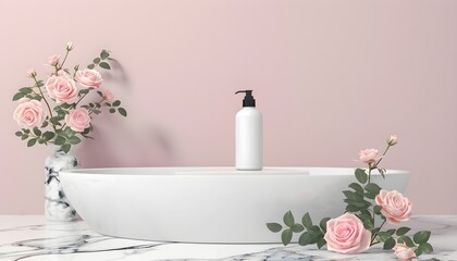 product photograph of liquid soap bottle/ shampoo or shower gel bottle with dispenser. beauty products . product photograph of white shampoo bottle in bath tub ,no label. copy space for text.