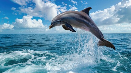 Fototapeta premium Dolphins jumping out of the water with blue sky. Cute animal. Mammal 