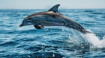 Obraz premium Dolphins jumping out of the water with blue sky. Cute animal. Mammal 