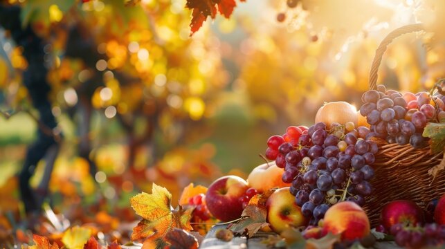 Colorful autumn vineyard picnic with fruits and locally made wine on a mat, food lifestyle, with copy space