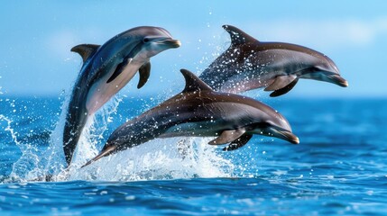 Dolphins jumping out of the water with blue sky. Cute animal. Mammal 