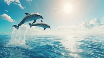 Dolphins jumping out of the water with blue sky. Cute animal. Mammal 