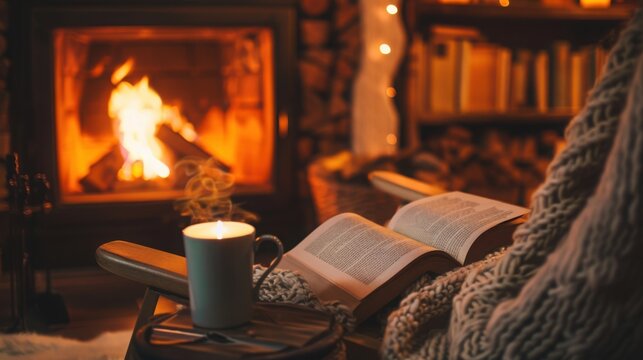 Cozy fireside reading nook with single sofa and a blanket, with copy space, 