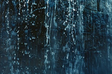 Abstract blue water droplets falling in a dark background.