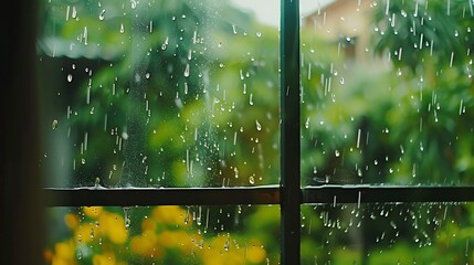 Raindrops falling on a window pane, with a blurred green background.