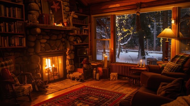 Cozy winter cabin interior, with a fireplace, single chaira and a blankket