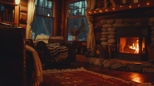 Cozy winter cabin interior, with a fireplace, single chaira and a blankket
