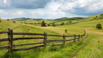 A serene countryside scene with a rustic wooden fence winding through rolling hills