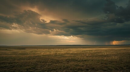 Dramatic stormy sky over a vast open prairie with lightning striking in the distance