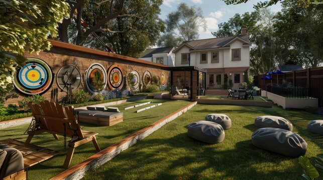 Suburban Colonial home with a custom-designed archery range in the backyard, complete with targets and a covered seating area for spectators