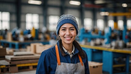 Smiling female worker wearing a beanie and apron, standing in a busy factory setting, conveying a sense of dedication and professionalism.
