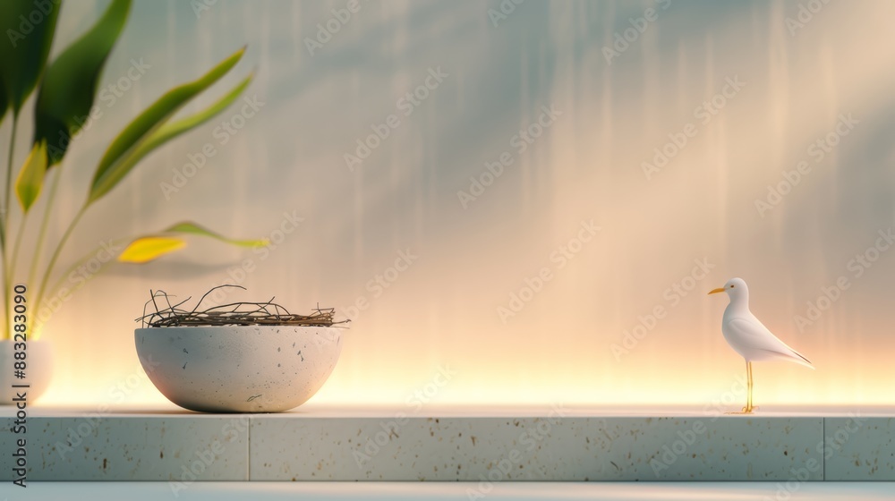 Poster minimal outdoor space with a bird's nest and soft lighting, creating a serene and stylish display, h