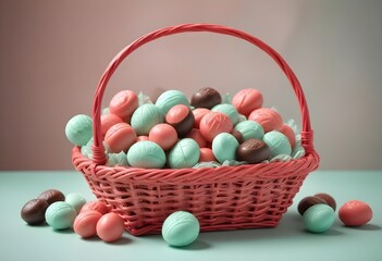 Fototapeta premium A wicker basket brimming with an assortment of Luxury Chocolates - high detail, Coral & mint green color,