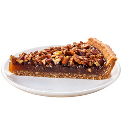 Delicious traditional swiss nut tart on a white plate, isolated on transparent background
