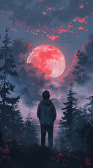 Obraz premium Lo fi anime style illustration with lonely silhouette and big shiny moon