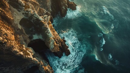 Obraz premium Dramatic coastal cliffs with waves crashing on the side aerial drone photography style, with copy space