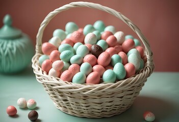 Naklejka premium A wicker basket brimming with an assortment of Luxury Chocolates - high detail, Coral & mint green color,
