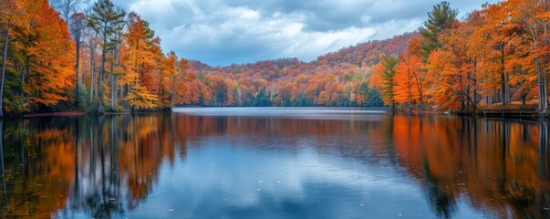 Fototapeta premium Scenic view of a lake surrounded by colorful autumn trees, reflecting in the water