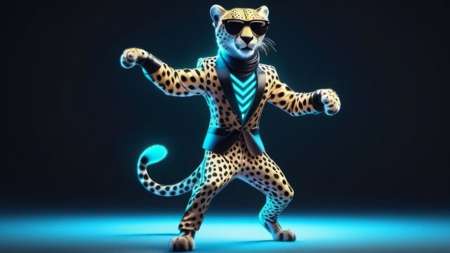 Stylish gepart in stylish suit and black sunglasses, standing on hind legs and dancing in neon light on dark background. Creative concept of the advertising banner. Copy space