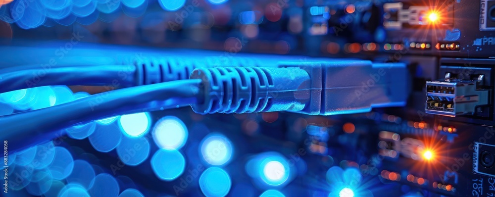 Poster close-up of a network cable connected to a server with blue led lights, representing technology and 