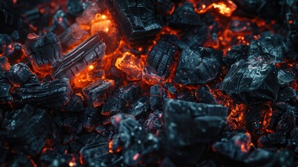 smoldering coal in a fire. Travel and camping adventure lifestyle. Burn charcoal for cooking. Cooking at camp