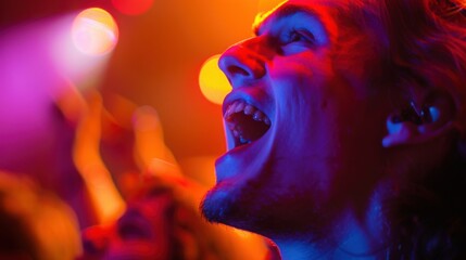 Ecstatic face singing and screaming during concert, concert photography style, with copy space