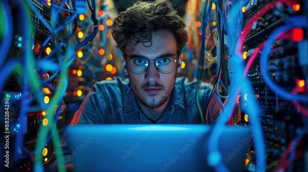 Poster focused it professional working in a data center, surrounded by cables and servers, intently program