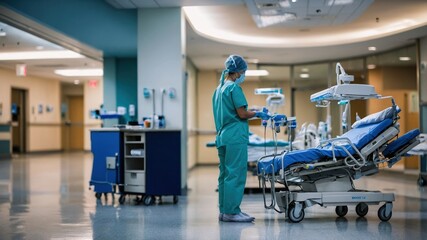 Nurse in surgical scrubs prepares medical equipment in a modern hospital operating room, ensuring readiness for patient care.

