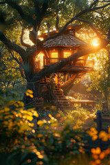Obraz premium Enchanting Treehouse at Sunset with Warm Glowing Lights in a Lush Forest
