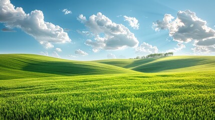 Naklejka premium Scenic view of rolling green hills under a bright blue sky with scattered clouds, symbolizing serene nature and peaceful landscape.