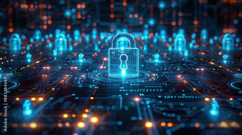Aufkleber abstract concept of cybersecurity and data protection, featuring a digital padlock on a futuristic c