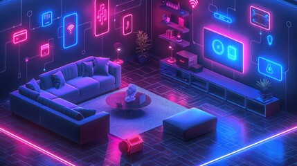 Fototapeta premium Modern living space filled with various smart home devices, smart lights.