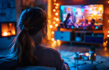 Cozy Evening Indoors with Young Woman Watching TV in Warmly Lit Living Room