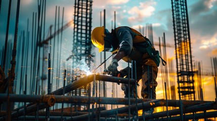 Industrial Focus: Construction Worker Engaged in Welding with Sparks Flying Amidst a Partially Completed Structure, Offering Copy Space