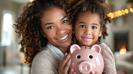 Family Bonding Through Financial Education: Mother and Daughter Cherishing a Pink Piggy Bank Together, Teaching the Values of Saving