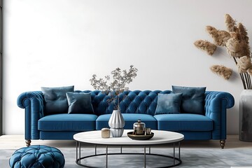Wooden tables and Living room with a blue sofa. 