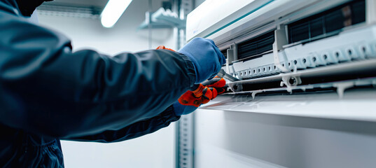 Close-up of a technician's gloved hands cleaning the fresh air grille of an indoor cassette mini-split air conditioner unit