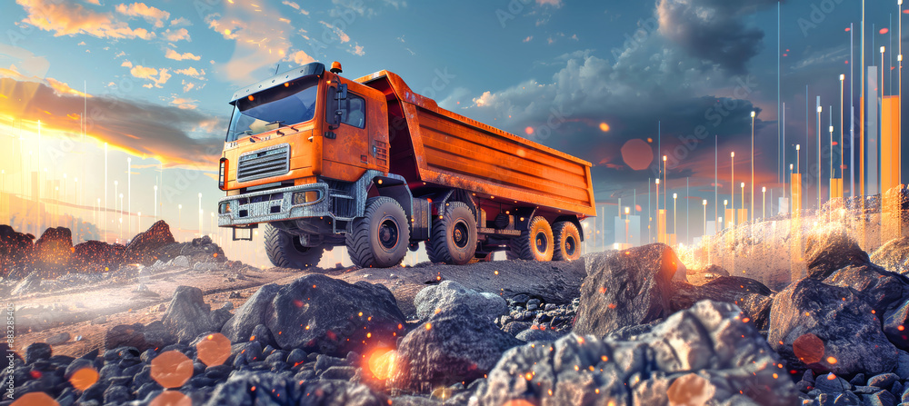 Poster a dump truck traverses a rocky landscape with a futuristic data visualization overlay, showcasing th