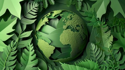 Fototapeta premium Cut paper that forms a green globe paper art style
