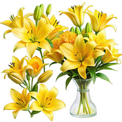 Obraz premium A close-up photograph showcasing a beautiful bouquet of yellow lilies arranged in a clear glass vase. The lilies are in full bloom, with their petals open wide. Generative AI