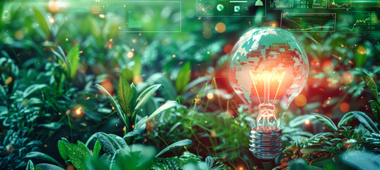 A light bulb with a glowing Earth sits surrounded by green foliage, with overlaid environmental data showing the link between clean energy and sustainability