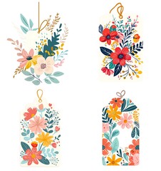 Floral tag flat vector illustration with a white background, featuring a simple design in colorful, flat colors